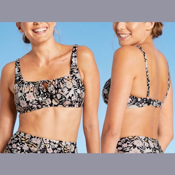 NWT Kona Sol‎ [ Large ] Cinch-Front Bikini Top in Black Floral - Picture 1 of 11
